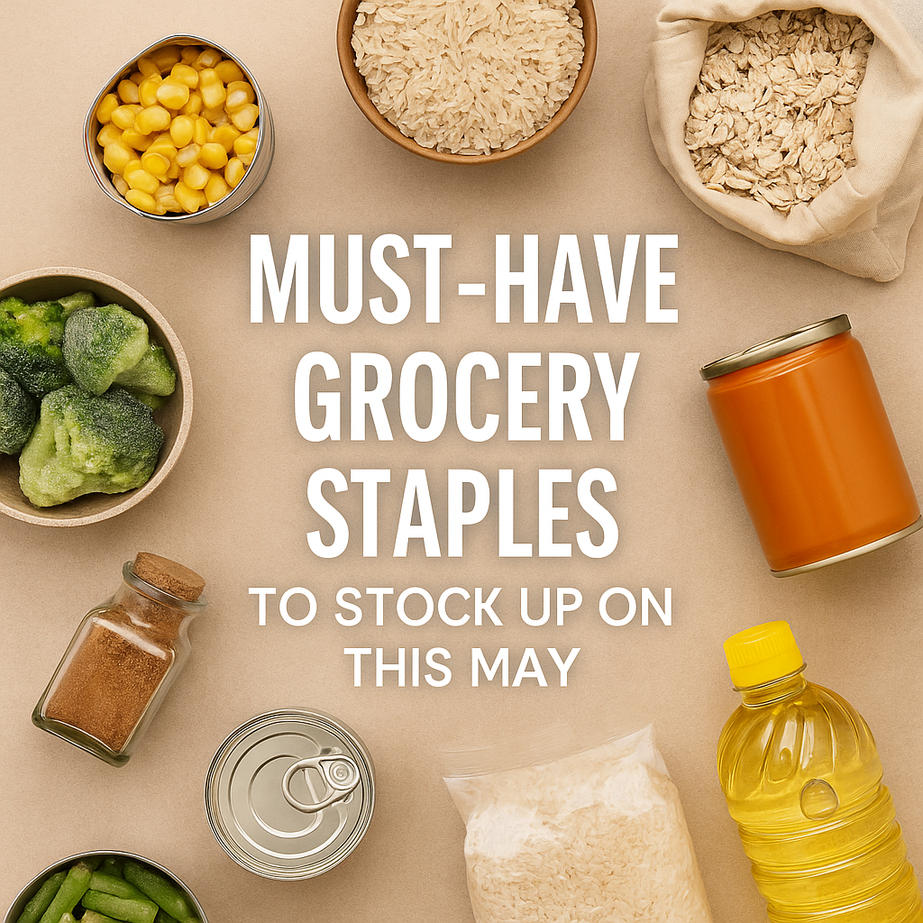 Flat lay of essential grocery items like canned goods, rice, oats, spices, and frozen veggies with centered text promoting smart shopping in May.