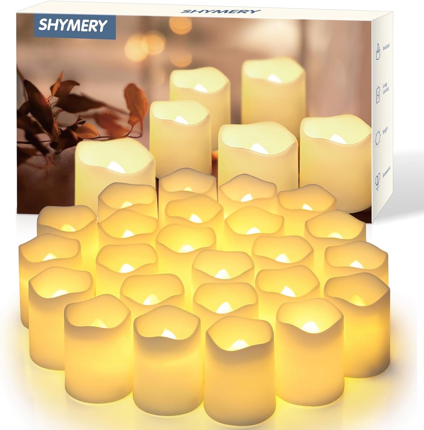 SHYMERY Flameless Votive Candles – 24-Pack LED Tea Lights with 200+ Hour Battery, Warm White for Decor (1.5"x1.7")