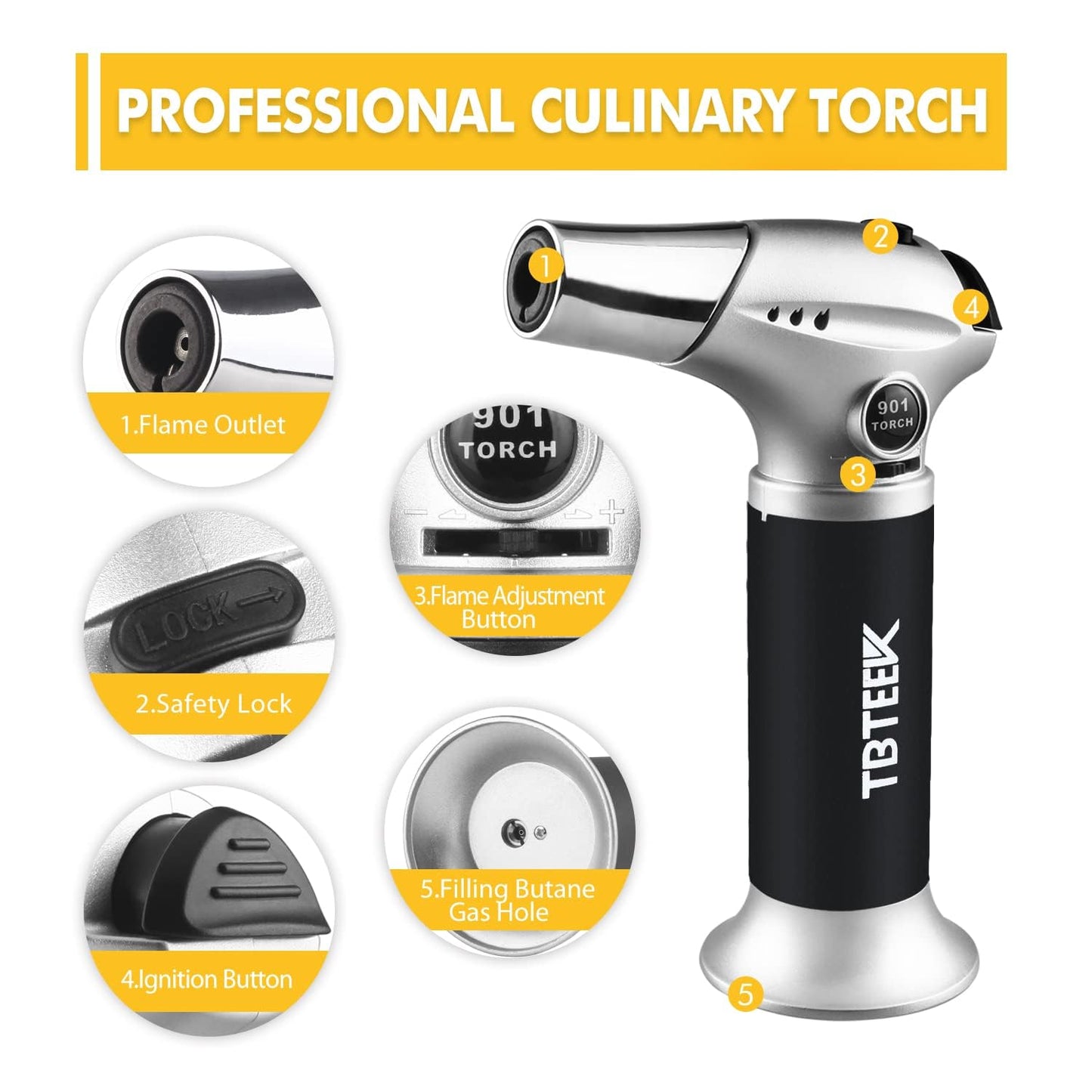 TBTEEK Butane Torch – Adjustable Flame Kitchen Torch with Safety Lock for Cooking, Baking & DIY (Fuel Not Included)