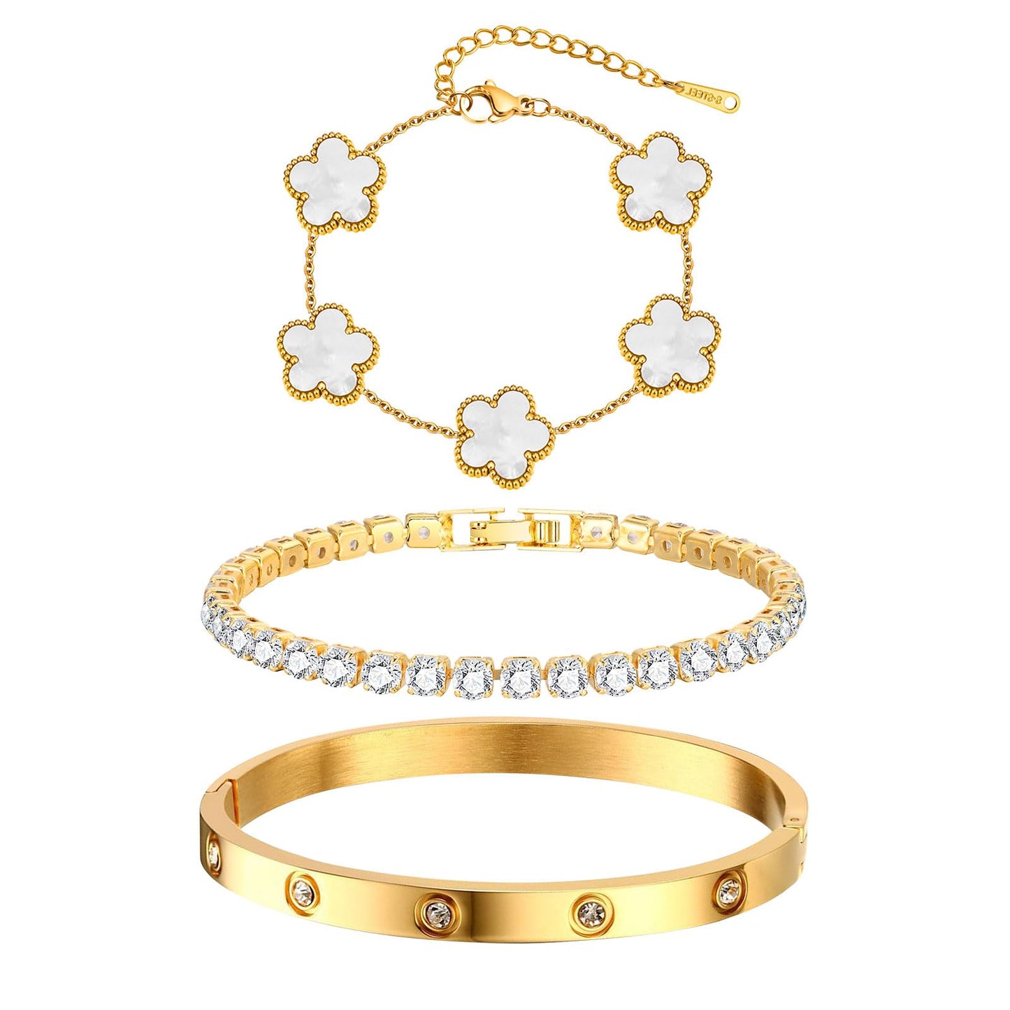 Women’s 3-Piece Gold Bracelet Set – Stackable 18K Plated Floral Bangles, Non-Tarnish Jewelry Gift
