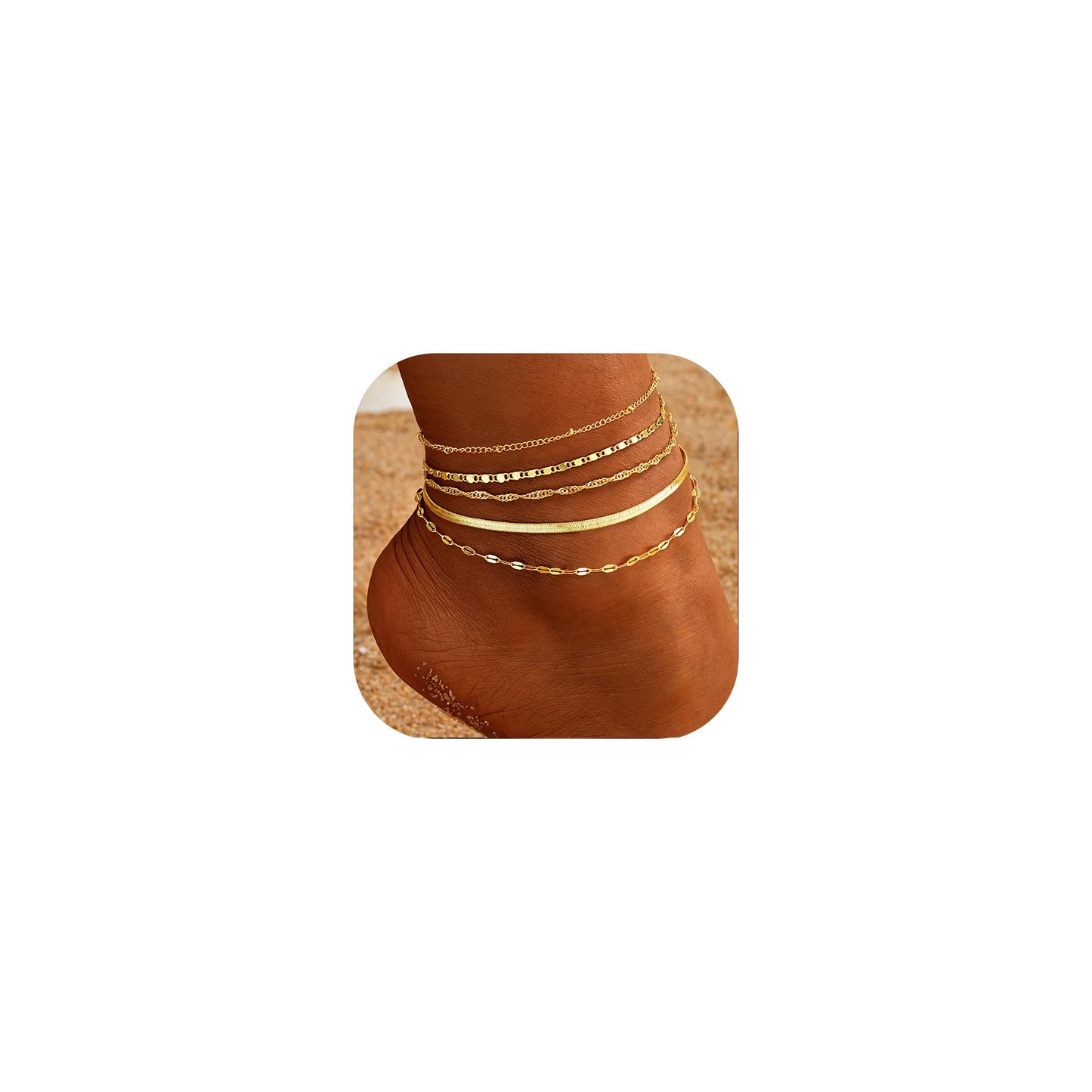 iF YOU 5-Piece Gold Anklet Set – 14K Plated Waterproof Layered Cuban Link Chains, Adjustable Beach Jewelry