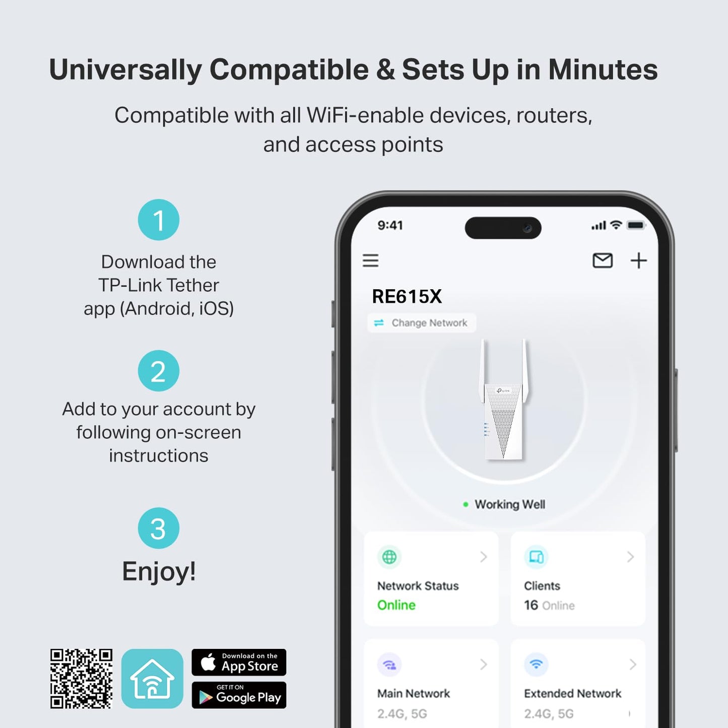 TP-Link RE615X WiFi 6 Range Extender – Dual-Band Signal Booster with Ethernet Port