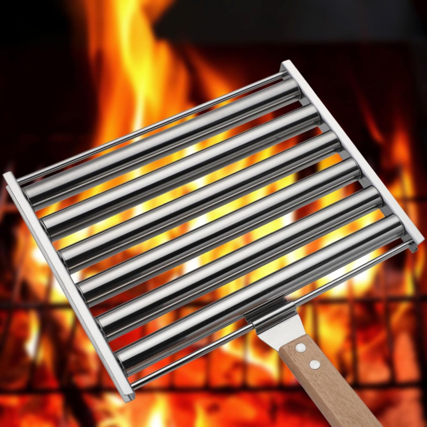 Stainless Steel Hot Dog Roller – Large Grill Top Sausage Roller with Wood Handle for BBQ & Camping