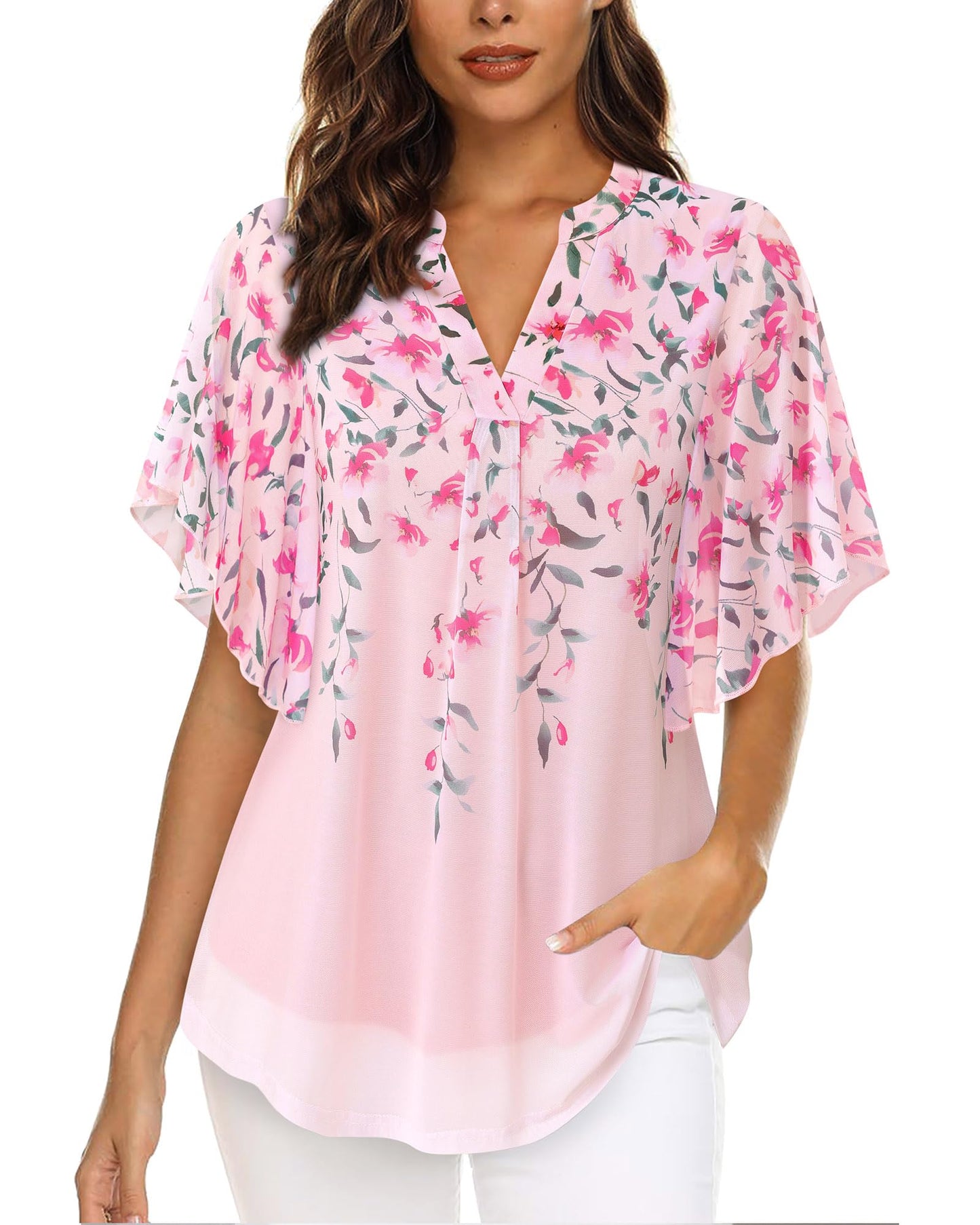 Timeson Women’s V-Neck Floral Blouse – Short Sleeve Mesh Tunic with Double Layers