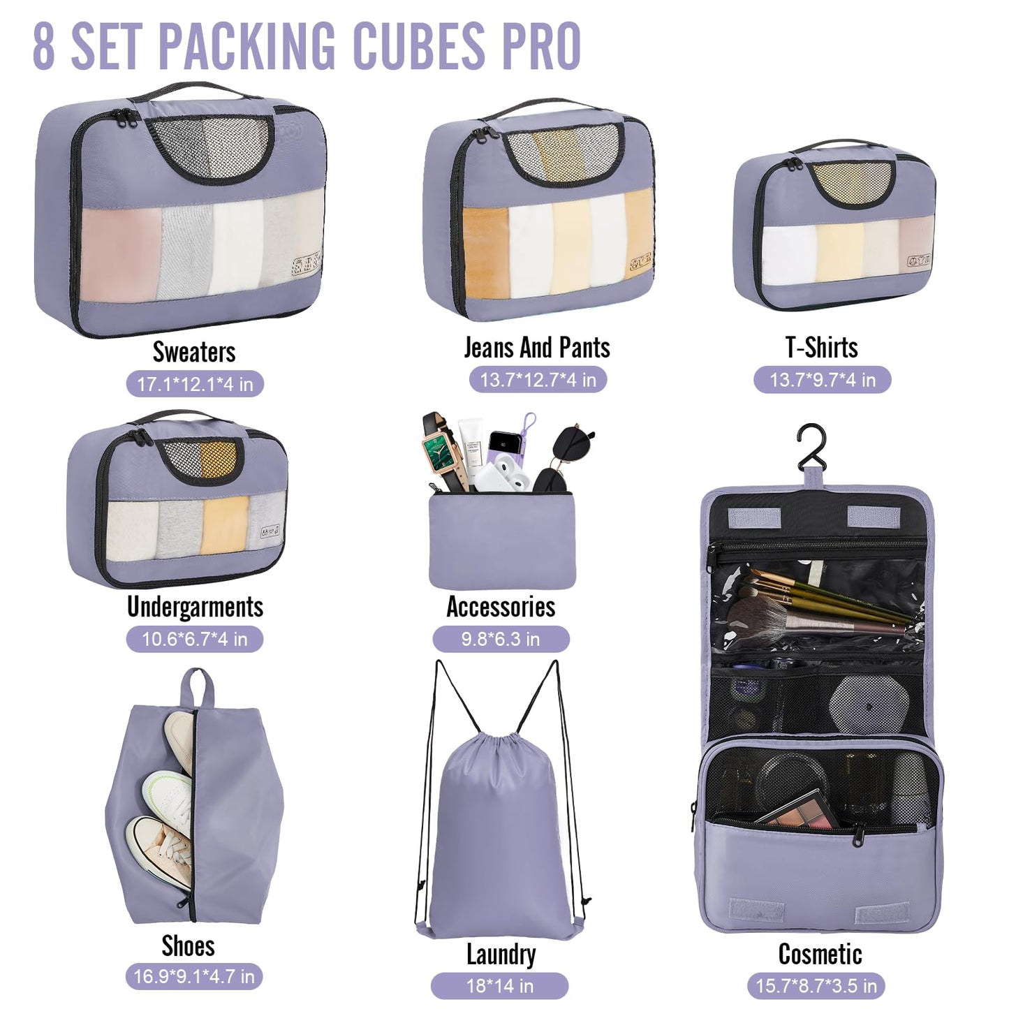Veken 8-Piece Packing Cubes Set – Black Luggage Organizers in 4 Sizes for Travel & Road Trips