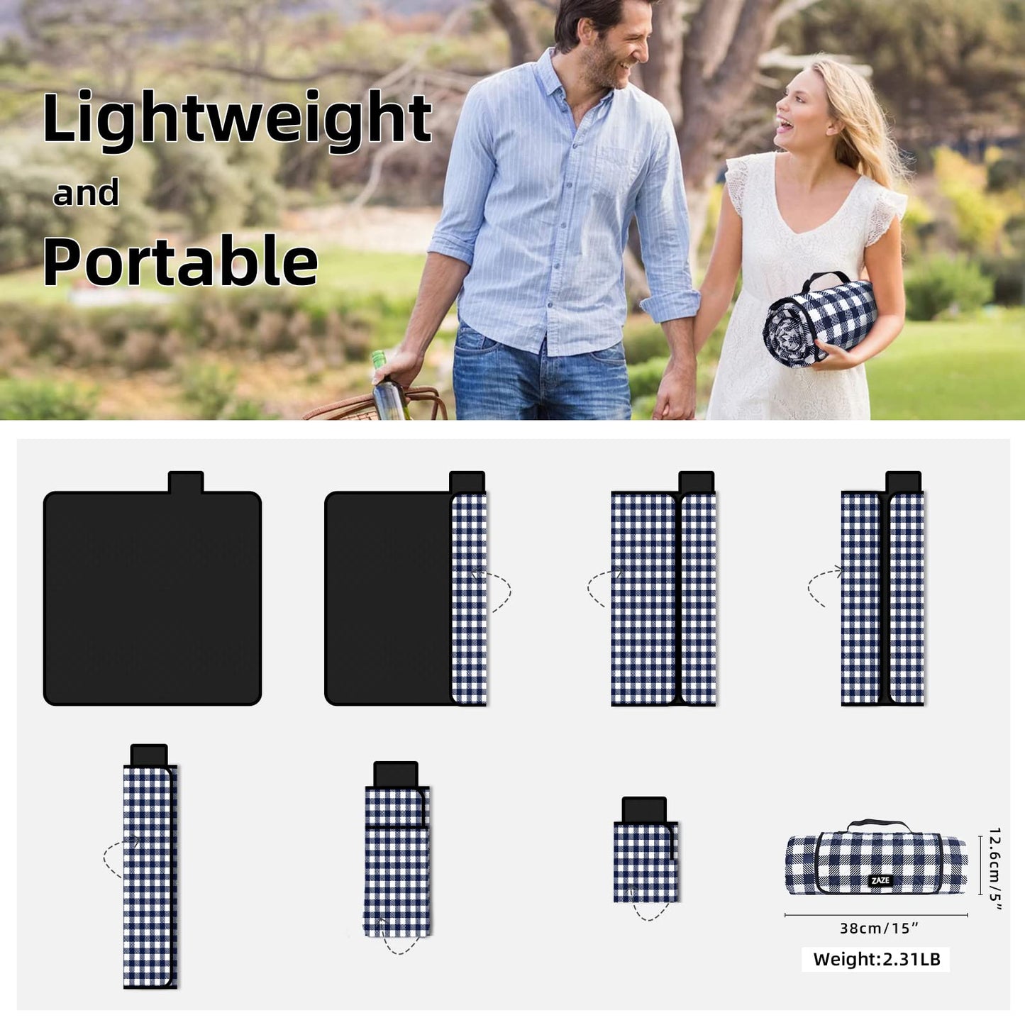 ZAZE Extra Large Picnic Blanket (80"x80") – Waterproof Foldable Mat for Beach, Camping & Lawn (Black/White)