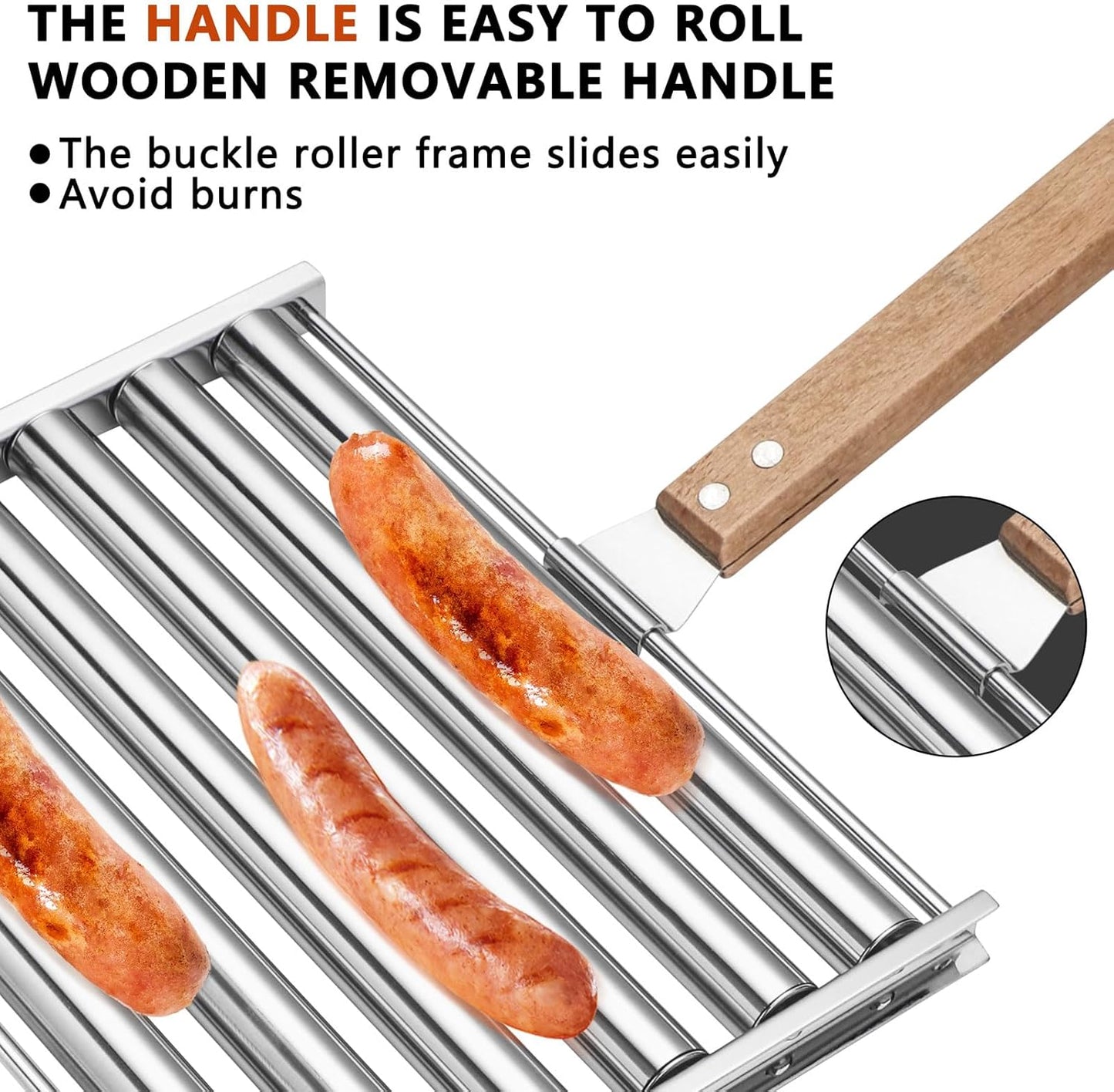 Stainless Steel Hot Dog Roller – Large Grill Top Sausage Roller with Wood Handle for BBQ & Camping