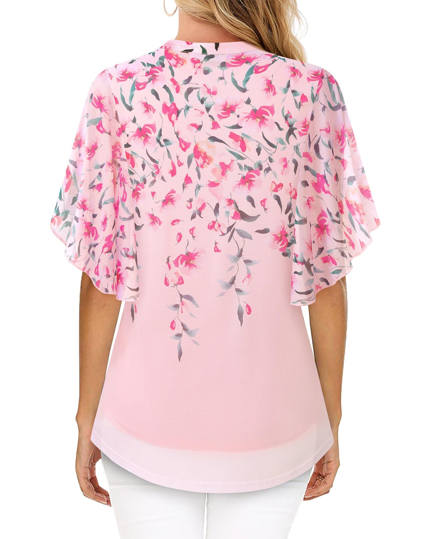 Timeson Women’s V-Neck Floral Blouse – Short Sleeve Mesh Tunic with Double Layers