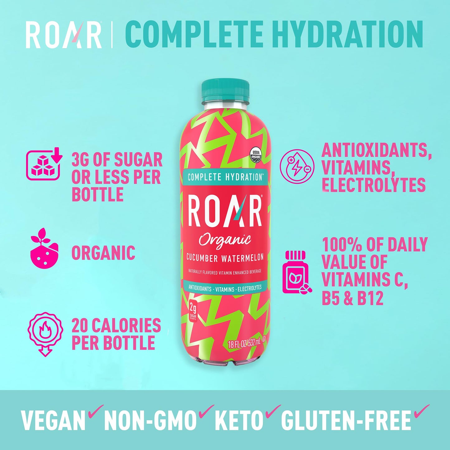 Roar Complete Hydration Organic - Electrolyte Drinks Loaded with Vitamins C, B5, B12 - Non-GMO, Gluten-Free - Dragonfruit Punch - 12 pc