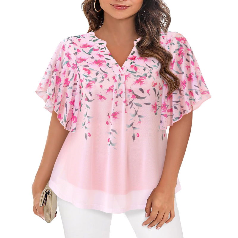 Timeson Women’s V-Neck Floral Blouse – Short Sleeve Mesh Tunic with Double Layers