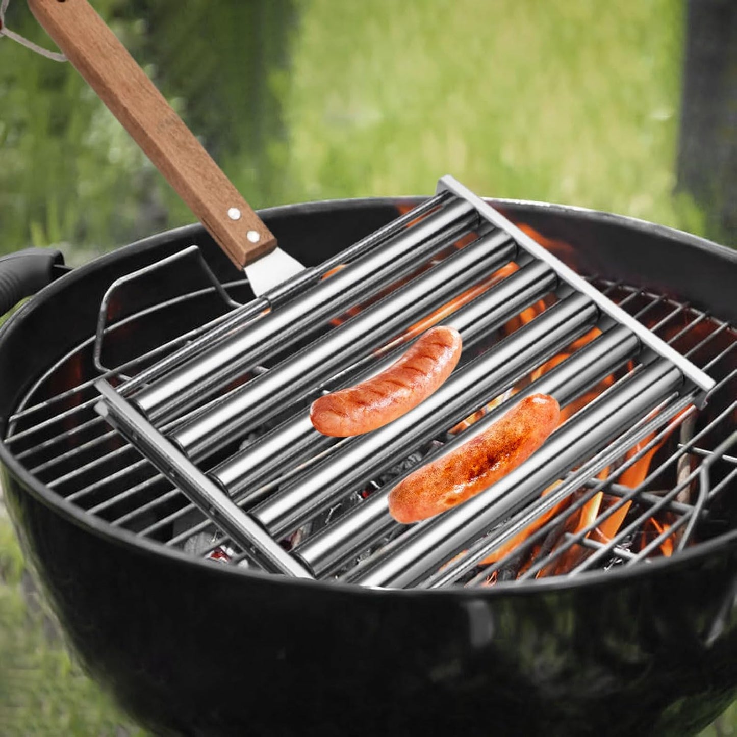 Stainless Steel Hot Dog Roller – Large Grill Top Sausage Roller with Wood Handle for BBQ & Camping