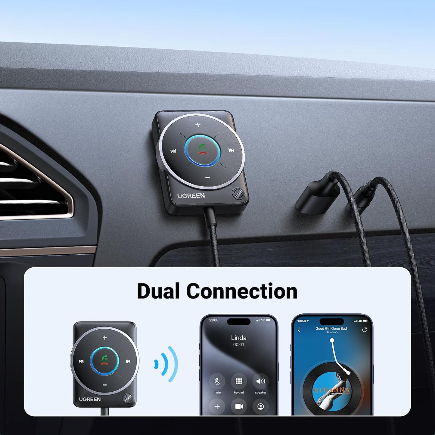 UGREEN Bluetooth 5.4 Aux Adapter – Noise-Cancelling Receiver for Car Music & Calls