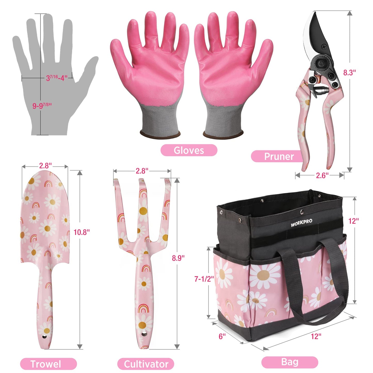 WORKPRO 5-Piece Gardening Tool Set – Heavy Duty Aluminum Tools with Pink Tote, Gift for Women