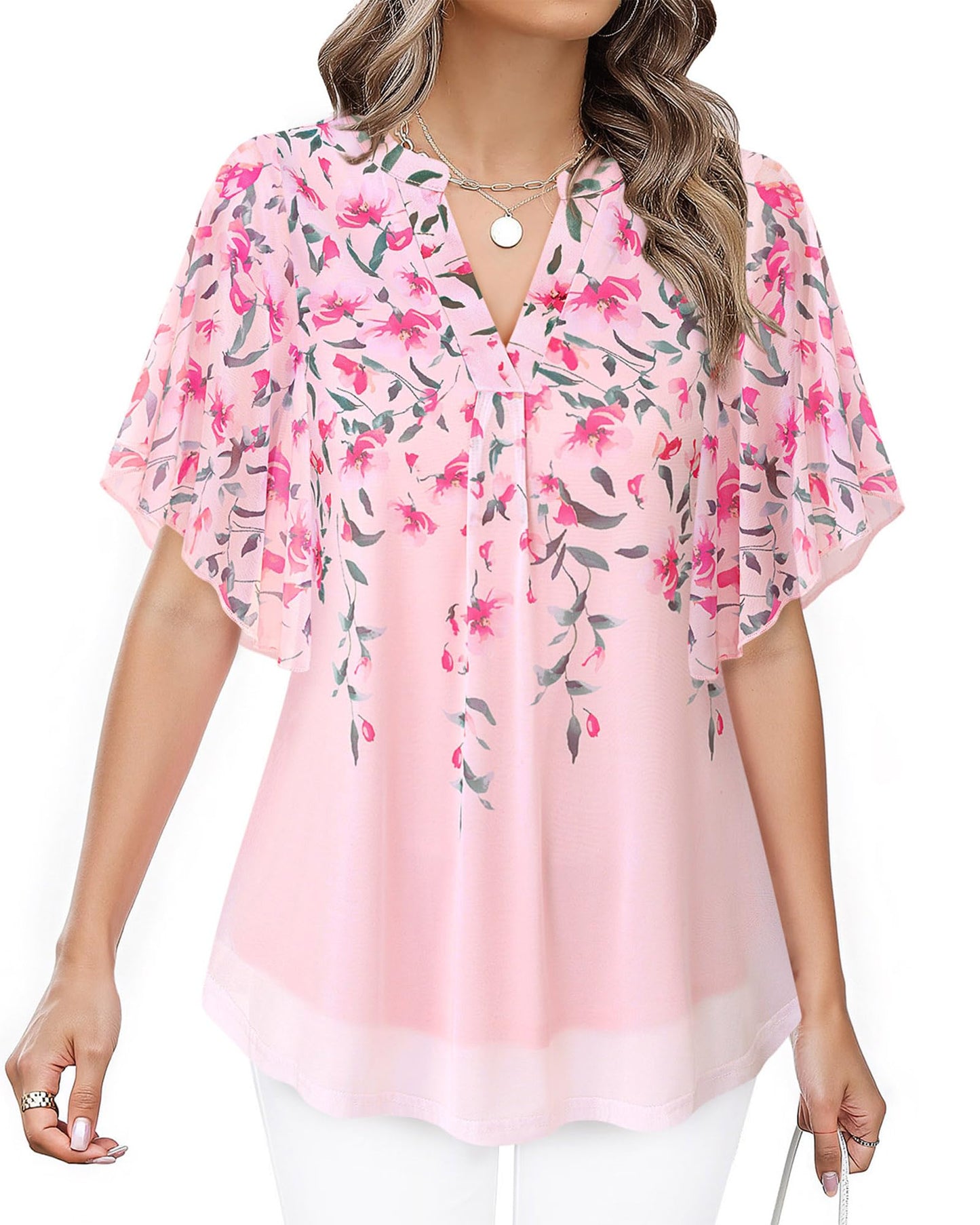 Timeson Women’s V-Neck Floral Blouse – Short Sleeve Mesh Tunic with Double Layers
