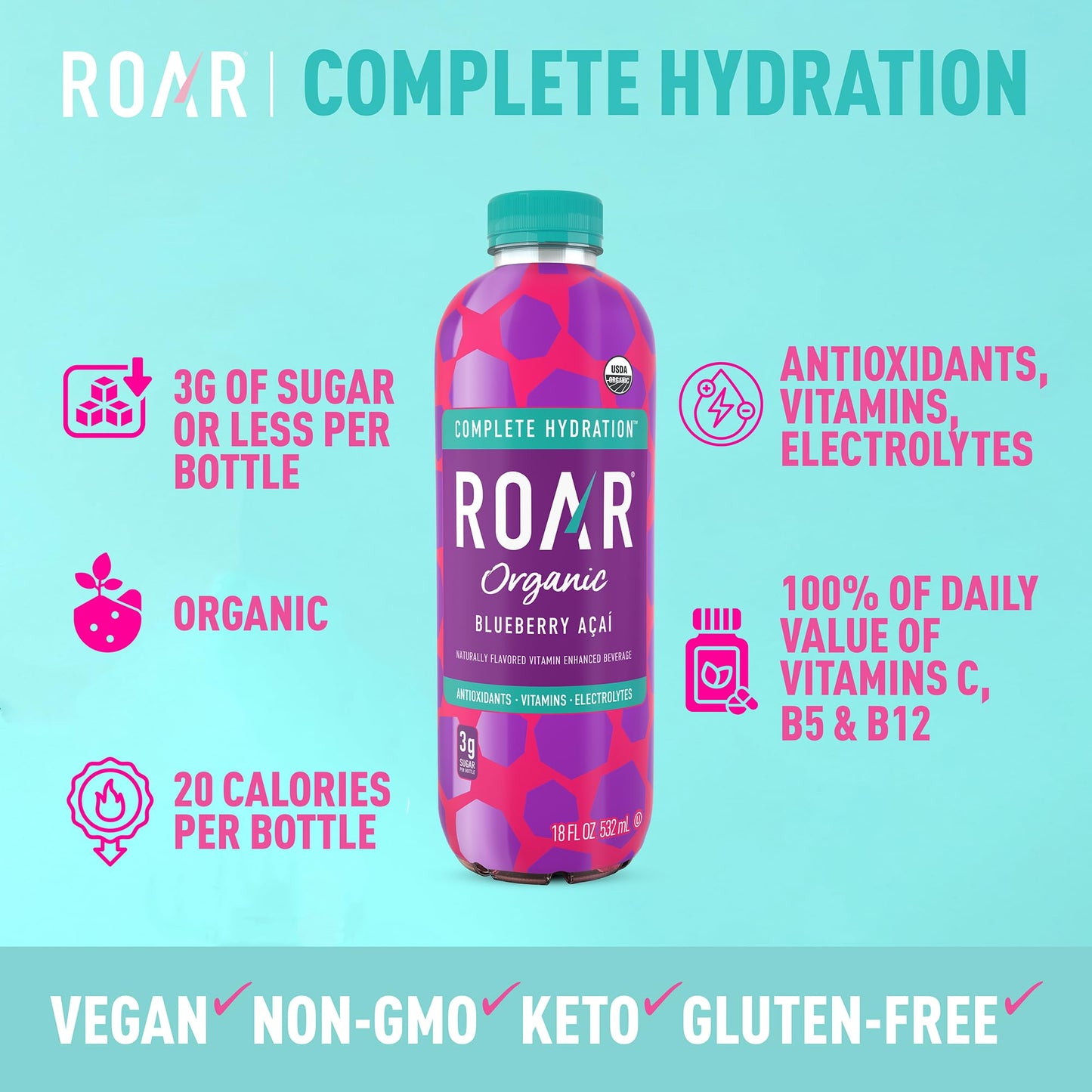 Roar Complete Hydration Organic - Electrolyte Drinks Loaded with Vitamins C, B5, B12 - Non-GMO, Gluten-Free - Dragonfruit Punch - 12 pc