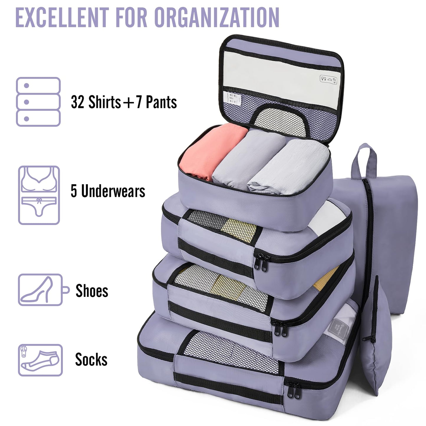 Veken 8-Piece Packing Cubes Set – Black Luggage Organizers in 4 Sizes for Travel & Road Trips