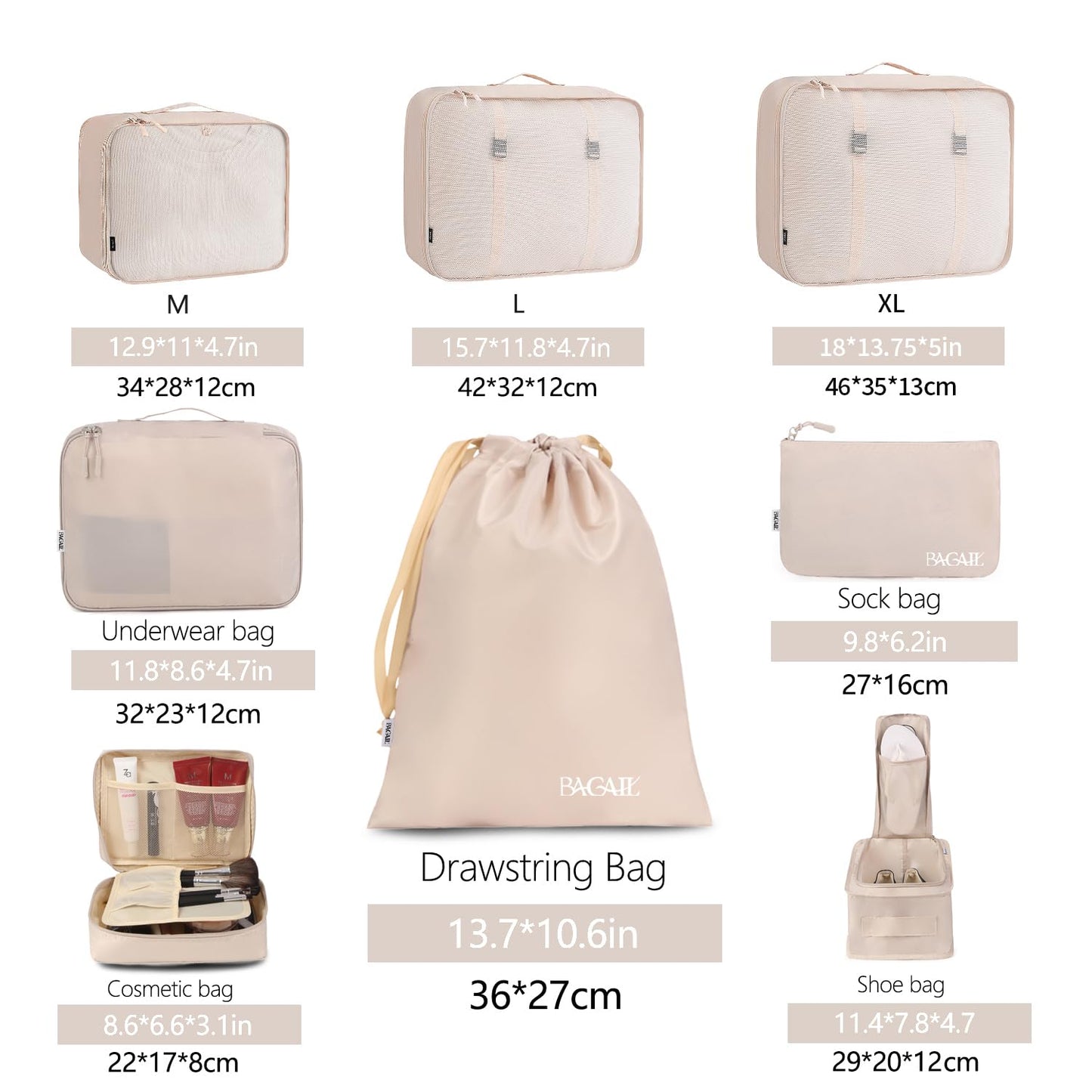 BAGAIL 8-Piece Packing Cubes Set – Cream Travel Organizer Bags for Luggage & Accessories