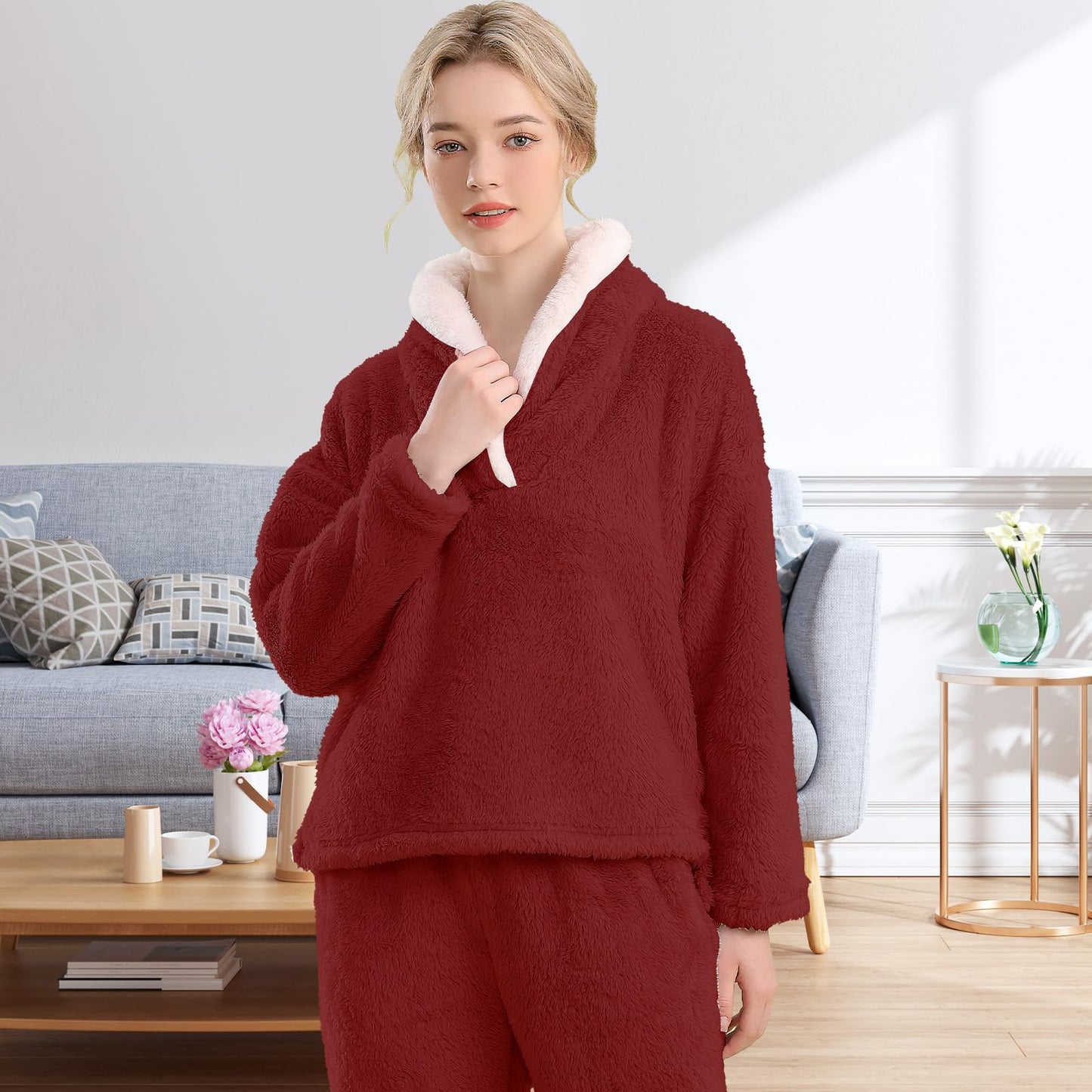 Women’s Fuzzy Fleece Pajama Set – Soft Pullover & Pants Loungewear for Winter Comfort