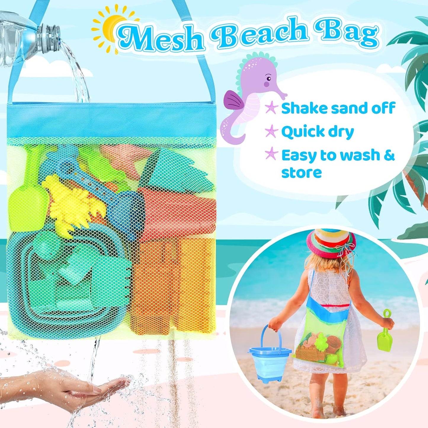 Collapsible Beach Toys Set – Foldable Sand Bucket & Shovels with Mesh Bag for Kids Ages 3–10