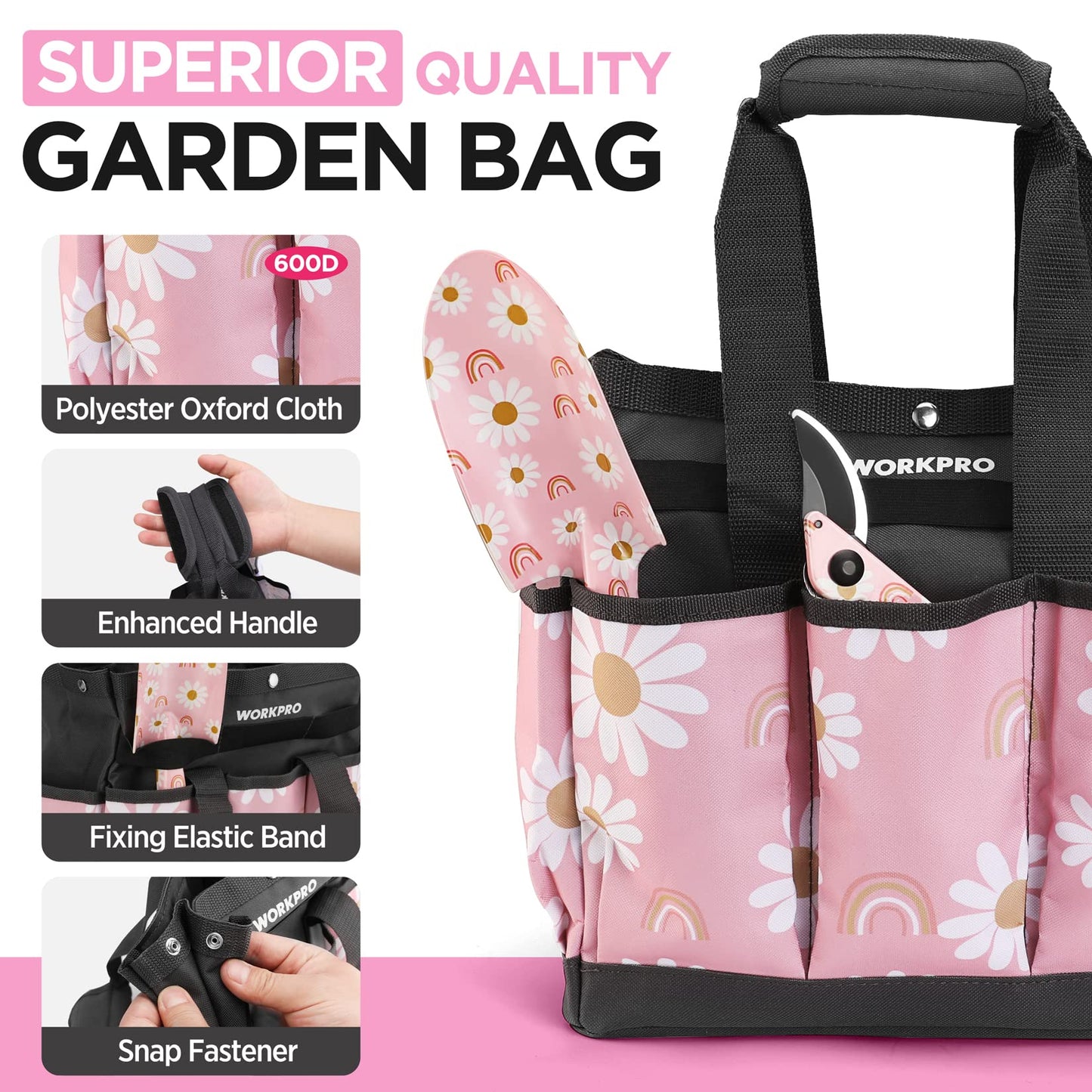 WORKPRO 5-Piece Gardening Tool Set – Heavy Duty Aluminum Tools with Pink Tote, Gift for Women