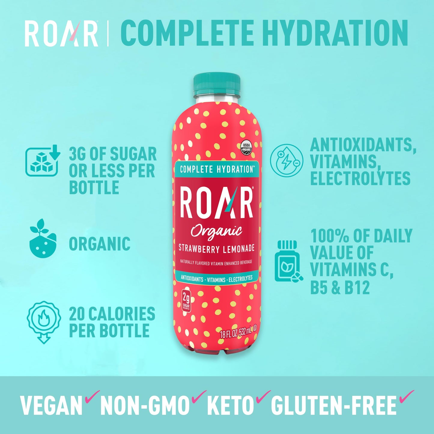 Roar Complete Hydration Organic - Electrolyte Drinks Loaded with Vitamins C, B5, B12 - Non-GMO, Gluten-Free - Dragonfruit Punch - 12 pc