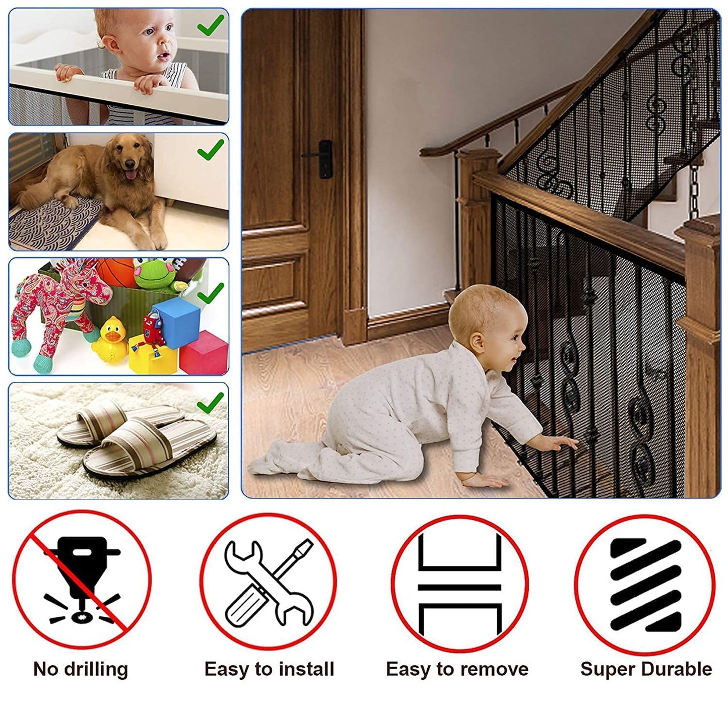 JIFTOK Baby Safety Net – 59ft Mesh Guard for Stairs, Balcony & Railings (Black)