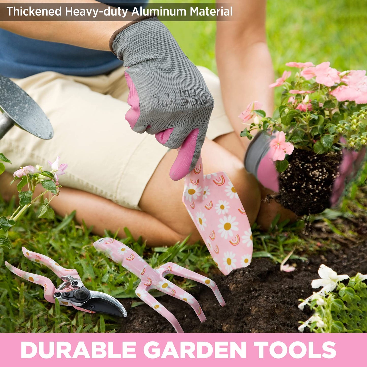 WORKPRO 5-Piece Gardening Tool Set – Heavy Duty Aluminum Tools with Pink Tote, Gift for Women