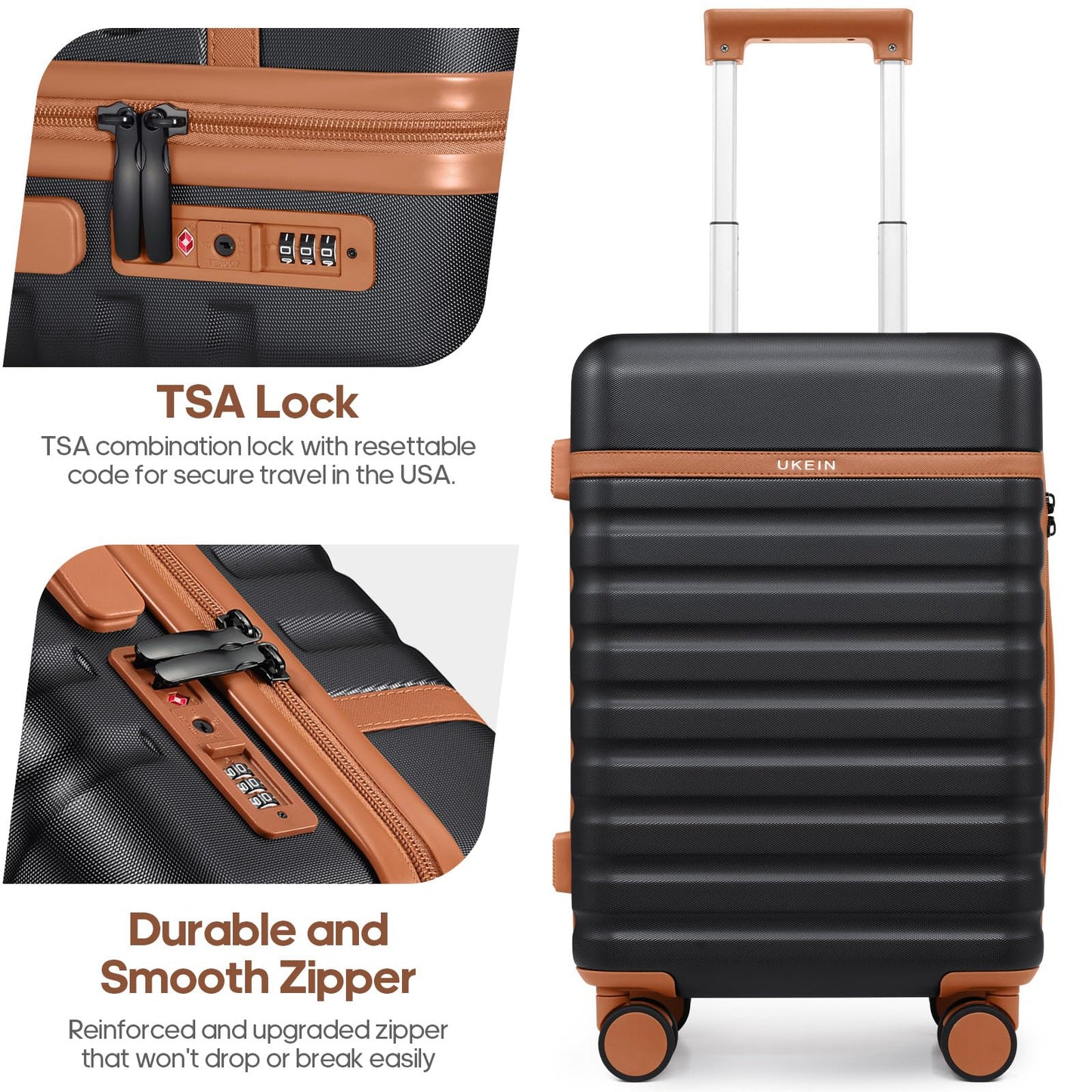 3-Piece Luggage Set – 20” PC Hardside Carry-On with Spinner Wheels, TSA Lock & Travel Backpack (Black)