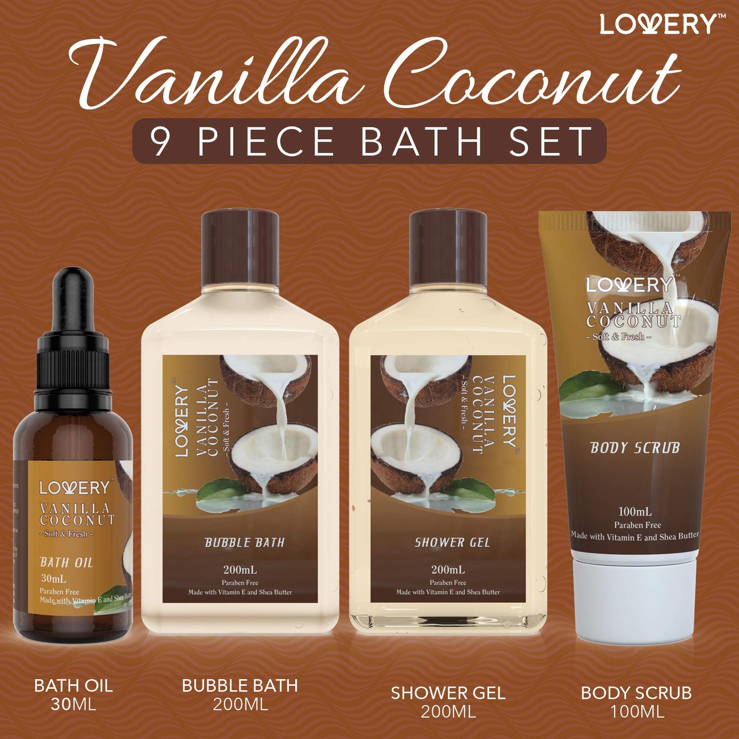 Vanilla Coconut Bath & Body Gift Basket – 9-Piece Spa Set with Lotions, Bath Bombs & Towel