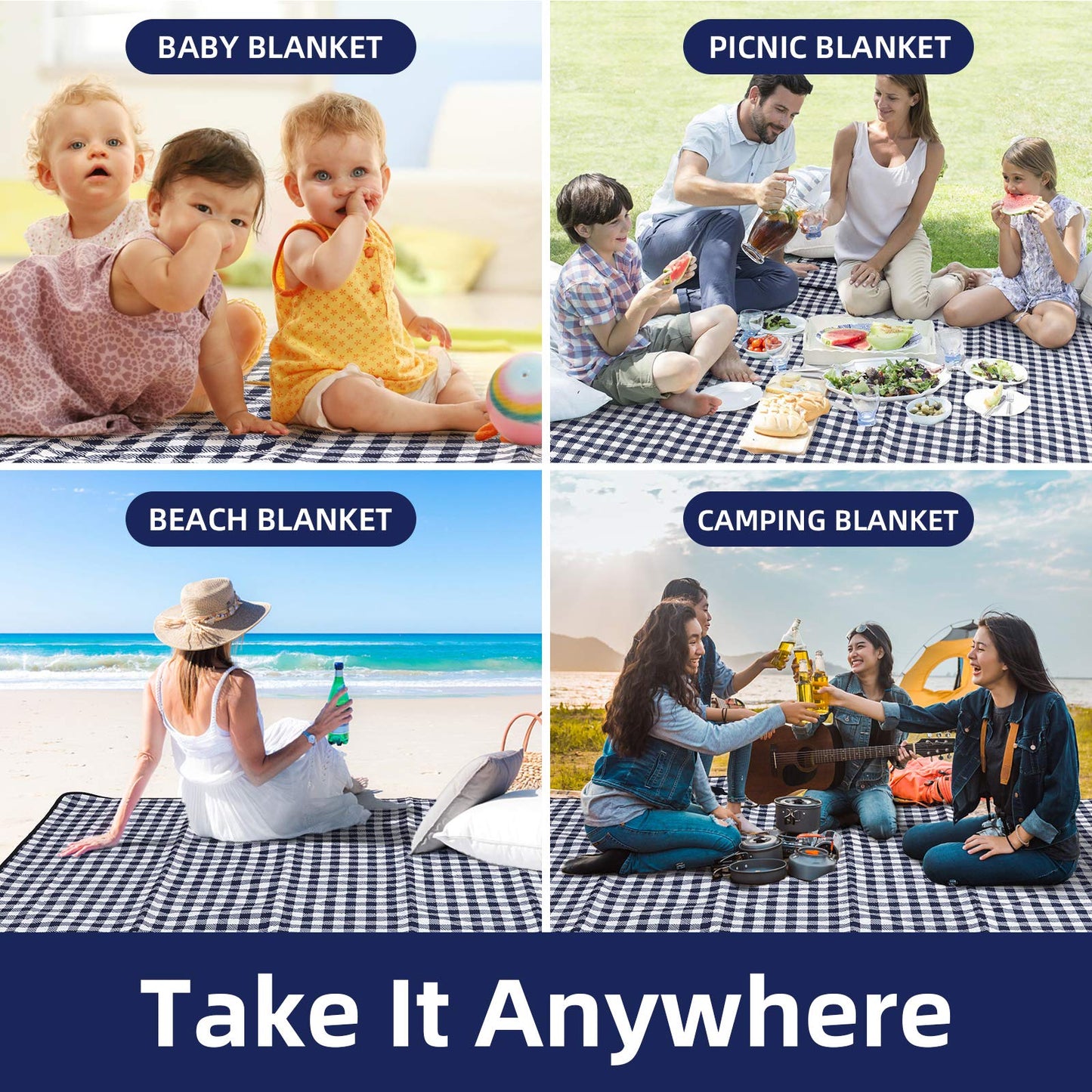 ZAZE Extra Large Picnic Blanket (80"x80") – Waterproof Foldable Mat for Beach, Camping & Lawn (Black/White)