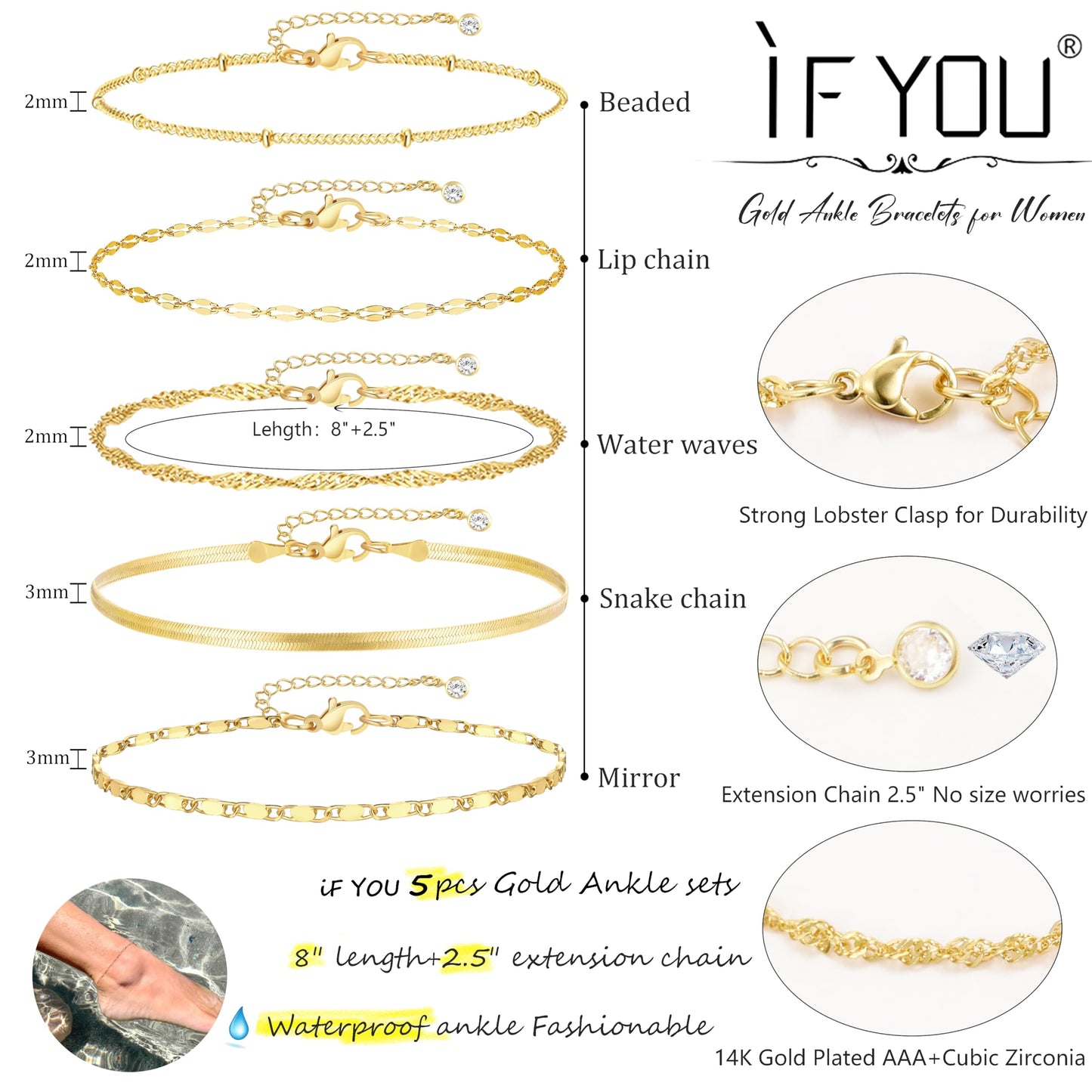 iF YOU 5-Piece Gold Anklet Set – 14K Plated Waterproof Layered Cuban Link Chains, Adjustable Beach Jewelry