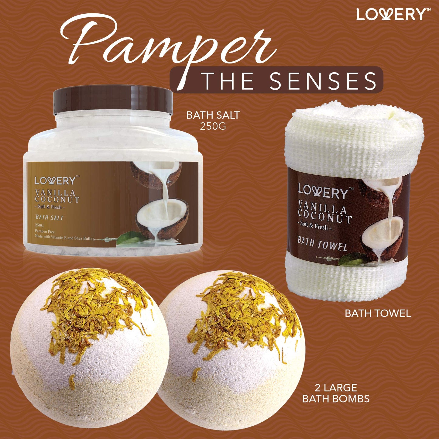 Vanilla Coconut Bath & Body Gift Basket – 9-Piece Spa Set with Lotions, Bath Bombs & Towel
