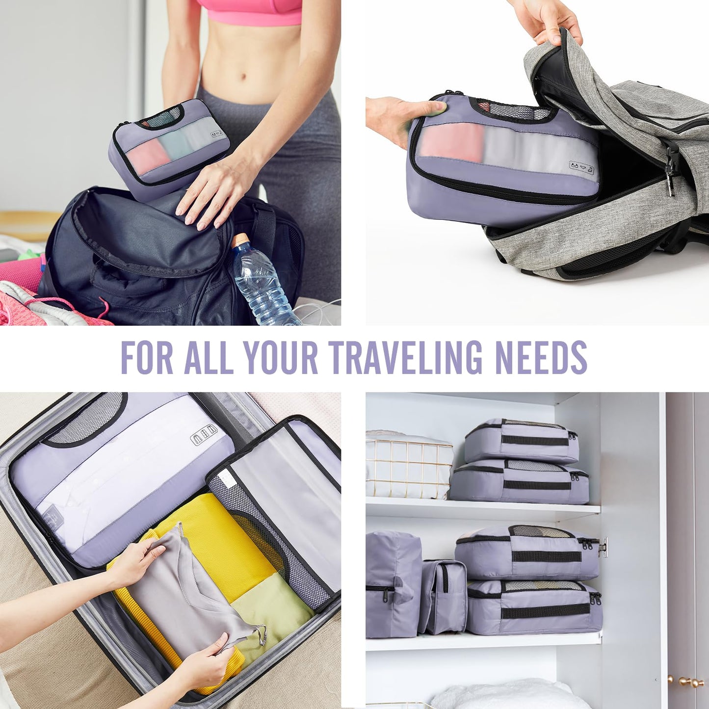 Veken 8-Piece Packing Cubes Set – Black Luggage Organizers in 4 Sizes for Travel & Road Trips