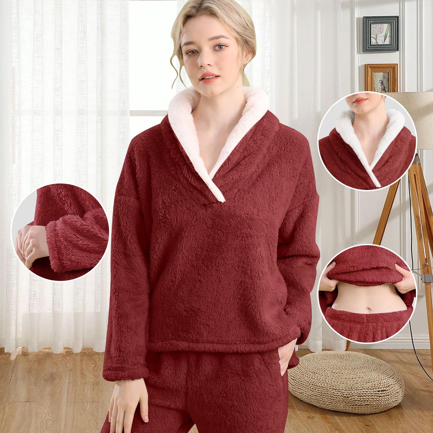 Women’s Fuzzy Fleece Pajama Set – Soft Pullover & Pants Loungewear for Winter Comfort