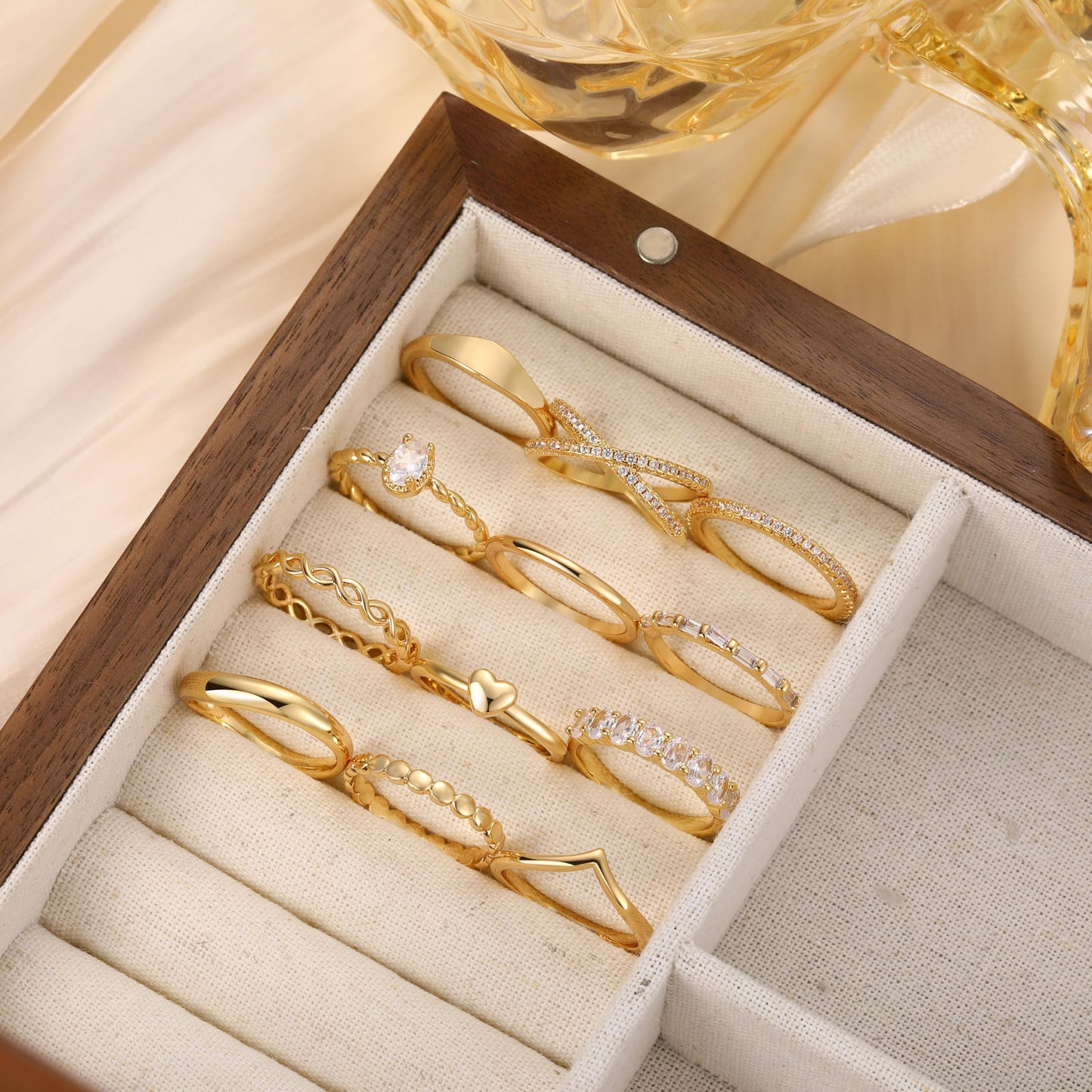 FAXHION 12-Piece Gold Ring Set – 14K Plated Stackable Bands with Simulated Diamonds (Sizes 5–11)
