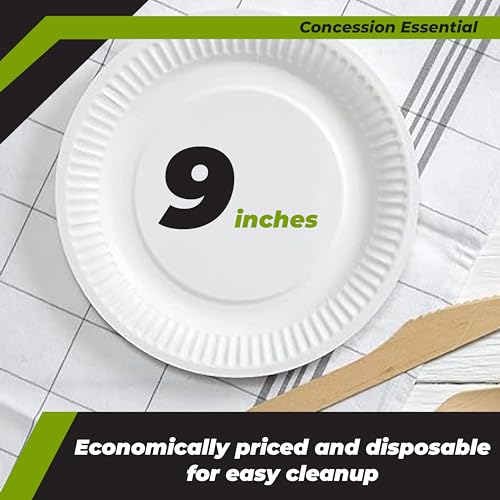 Concession Essentials 9” Paper Plates – Uncoated White Disposable Plates (200 Count)