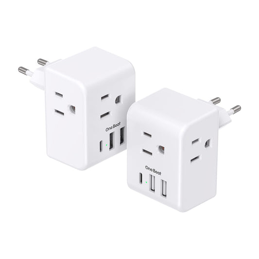 2-Pack European Travel Plug Adapter – Type C with 3 Outlets & 3 USB Ports (1 USB-C) for US to EU Trips