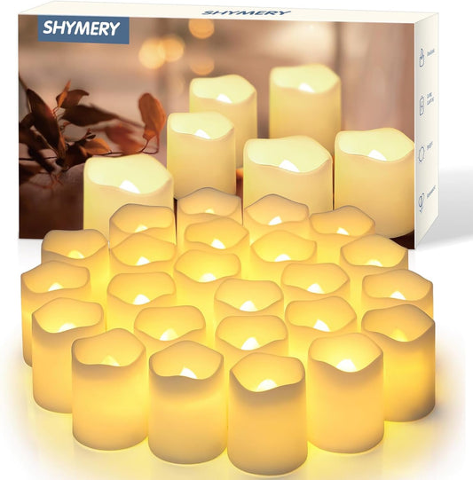 SHYMERY Flameless Votive Candles – 24-Pack LED Tea Lights with 200+ Hour Battery, Warm White for Decor (1.5"x1.7")