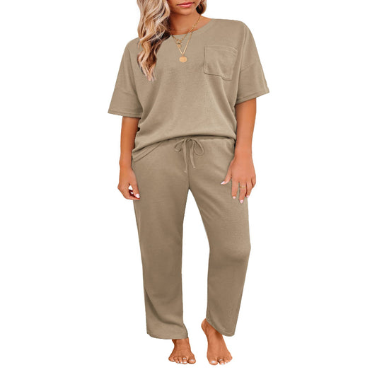 JiniGolla Womens Pajama Sets Waffle Knit Short Sleeve Shirt with Long Pajama Pants Soft Sleepwear Pj Lounge Sets