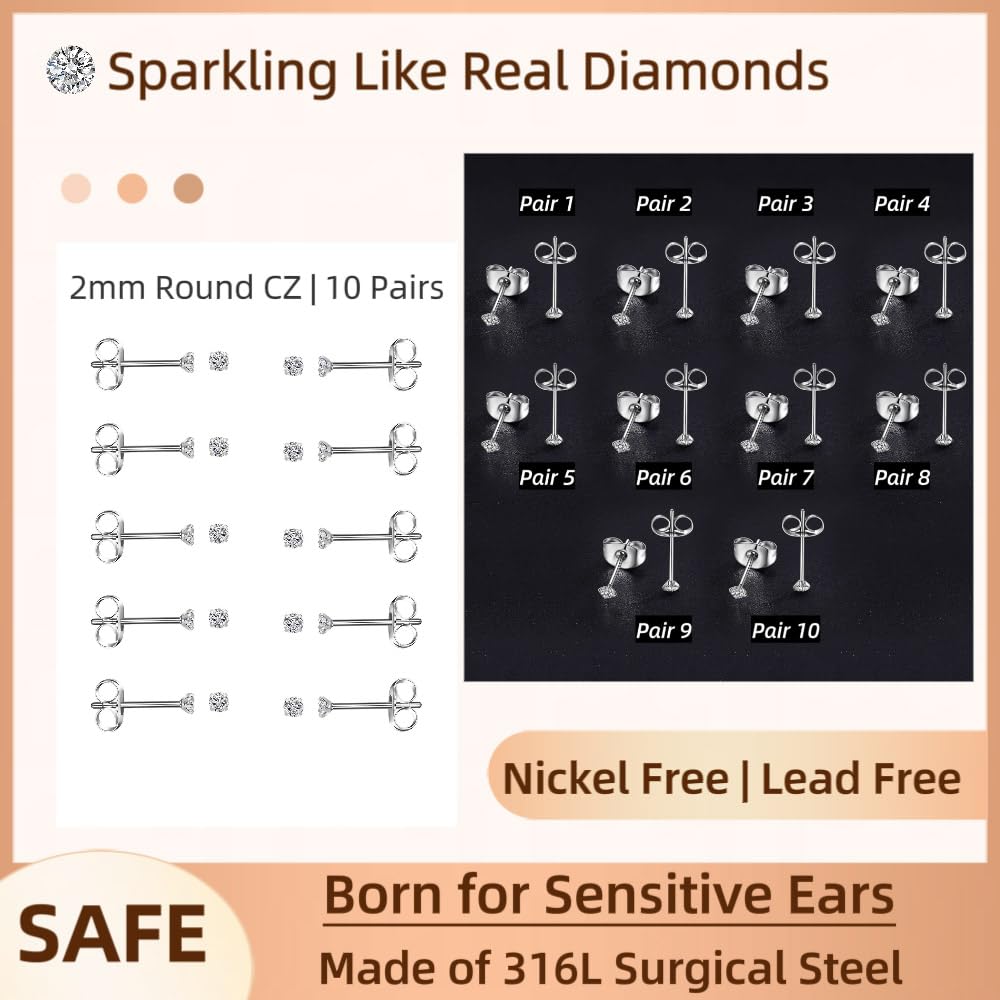 10-Pair Cubic Zirconia Stud Earrings Set – Hypoallergenic Stainless Steel for Sensitive Ears & Multiple Piercings