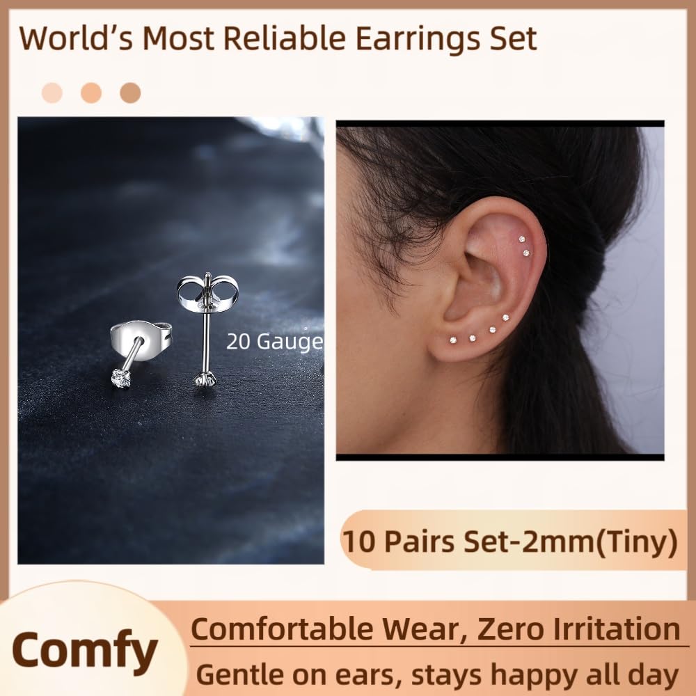 10-Pair Cubic Zirconia Stud Earrings Set – Hypoallergenic Stainless Steel for Sensitive Ears & Multiple Piercings
