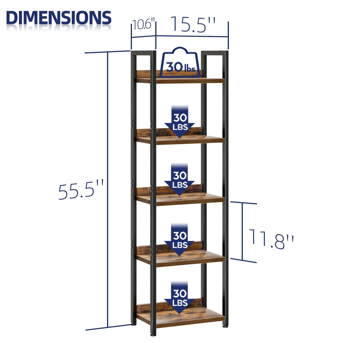 NUMENN 5-Tier Bookshelf – Vintage Free-Standing Storage Rack for Home Office, Bedroom & Living Room