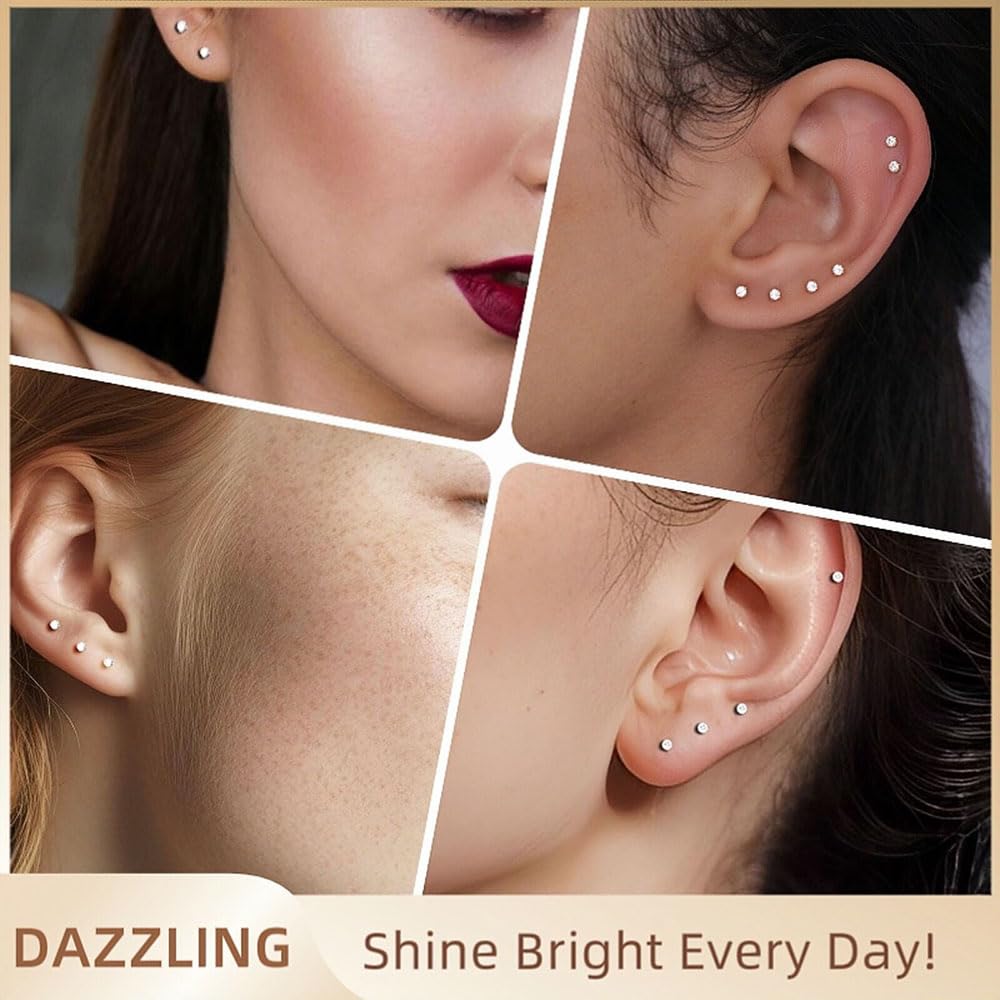 10-Pair Cubic Zirconia Stud Earrings Set – Hypoallergenic Stainless Steel for Sensitive Ears & Multiple Piercings