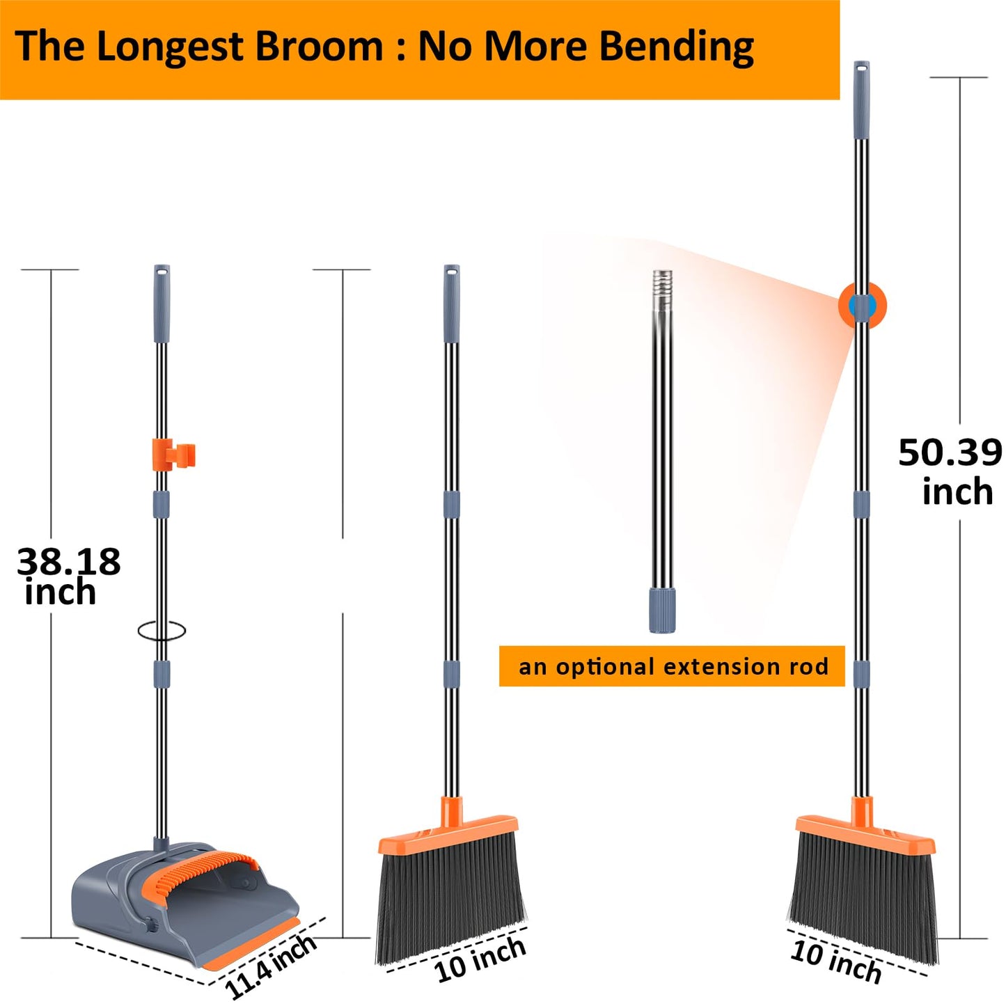 Kelamayi Broom and Dustpan Set – Self-Cleaning with Dustpan Teeth (Gray & Orange)