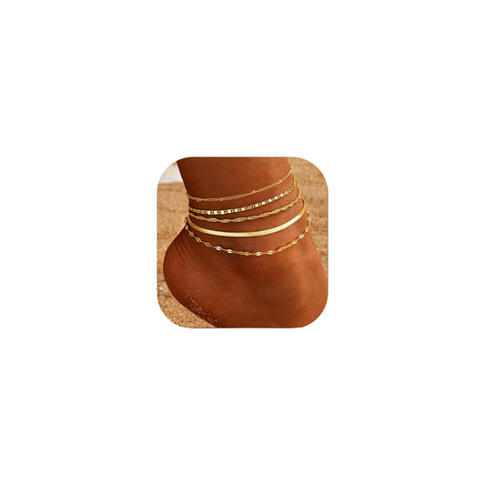 iF YOU 5-Piece Gold Anklet Set – 14K Plated Waterproof Layered Cuban Link Chains, Adjustable Beach Jewelry