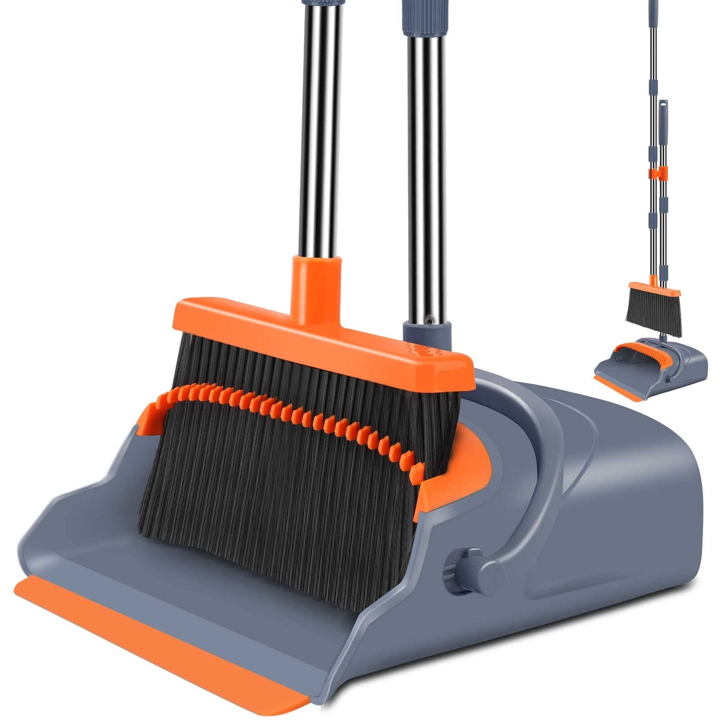 Kelamayi Broom and Dustpan Set – Self-Cleaning with Dustpan Teeth (Gray & Orange)