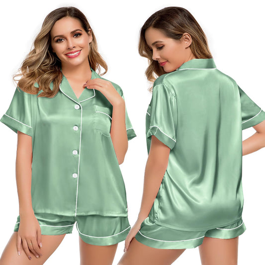 LecGee Women’s Satin Pajama Set – Short Sleeve Button-Down Sleepwear in Silk-Feel Fabric