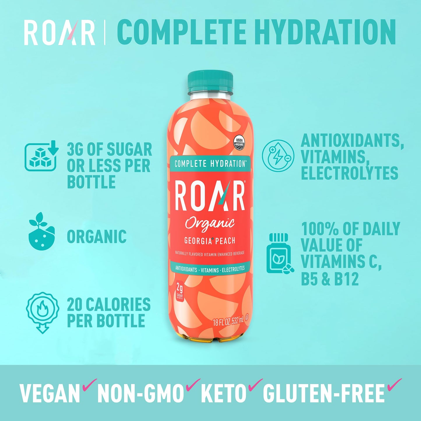Roar Complete Hydration Organic - Electrolyte Drinks Loaded with Vitamins C, B5, B12 - Non-GMO, Gluten-Free - Dragonfruit Punch - 12 pc