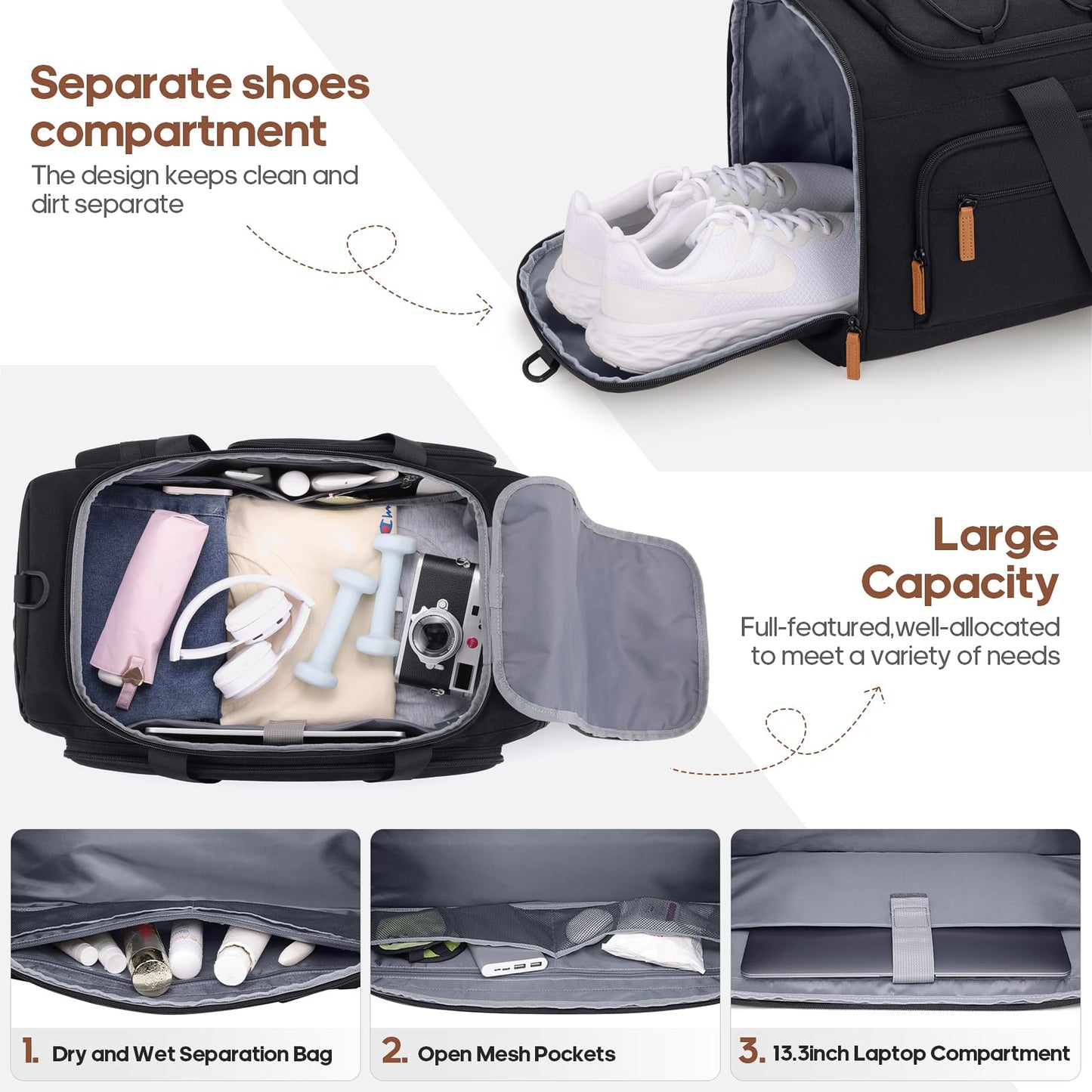 3-Piece Luggage Set – 20” PC Hardside Carry-On with Spinner Wheels, TSA Lock & Travel Backpack (Black)