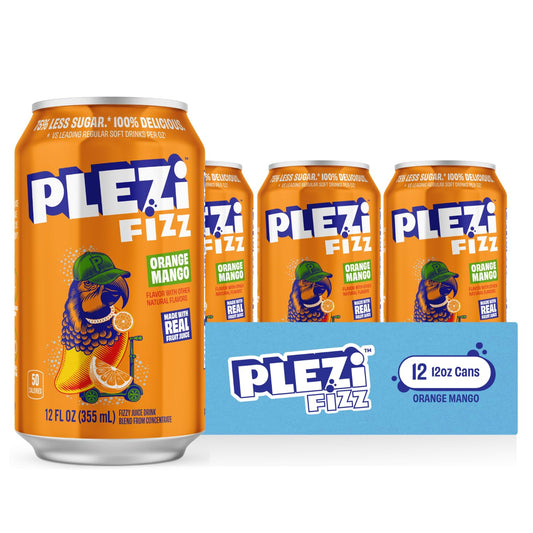 PLEZi FiZZ Orange Mango – Sparkling Juice Drink with Real Fruit, No Added Sugar, Low Sugar Soda Alternative (12-Pack, 12 fl oz)